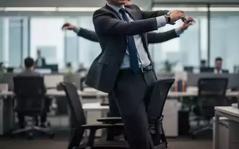 Eine Person in Business-Kleidung steht von einem Bürostuhl auf und dehnt sich, mit einem verschwommenen Büro im Hintergrund. - Foto: über boerse-global.de