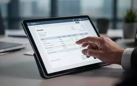 Eine Hand tippt auf einem Tablet, das eine digitale Rechnung oder Finanzsoftware anzeigt, im Hintergrund ein Büro. - Foto: über boerse-global.de