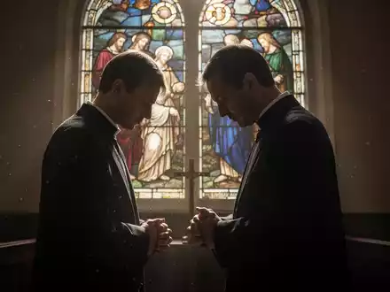 Ein nachdenklicher Pastor, im Profil vor einem farbigen Kirchenfenster, die Hände gefaltet, den Kopf gesenkt, in einer nachdenklichen Pose. - Foto: über boerse-global.de