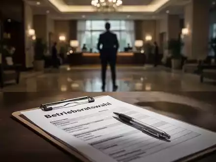 Ein Stimmzettel und ein Stift auf einem Klemmbrett in einer Hotellobby, die eine Betriebsratswahl symbolisieren. - Foto: über boerse-global.de