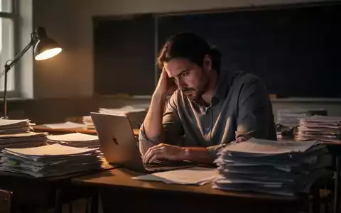 Eine erschöpfte Lehrkraft sitzt allein in einem dunklen Klassenzimmer, den Kopf in die Hand gestützt, umgeben von Papieren. - Foto: über boerse-global.de
