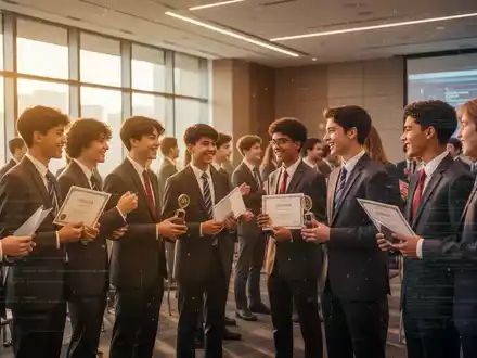 Ehrgeizige Highschool-Schüler in professioneller Kleidung beim Netzwerken auf einer modernen Konferenz, die Erfolge in Wirtschaft und Technologie feiern. - Foto: über boerse-global.de
