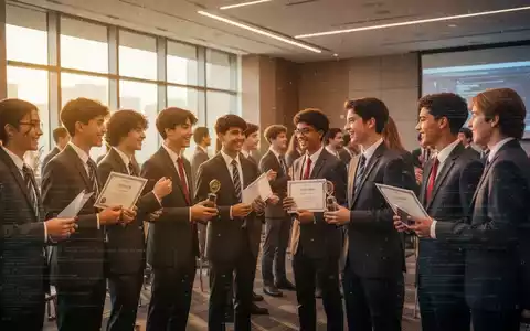 Ehrgeizige Highschool-Schüler in professioneller Kleidung beim Netzwerken auf einer modernen Konferenz, die Erfolge in Wirtschaft und Technologie feiern. - Foto: über boerse-global.de
