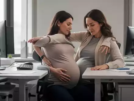 Eine schwangere Frau am ergonomischen Schreibtisch, die ihre Haltung anpasst, um Komfort und Unterstützung zu betonen. - Foto: über boerse-global.de
