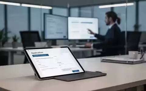 Ein moderner, minimalistischer Büroraum mit einem Tablet, das ein Antragsformular anzeigt, und einer Person, die mit einem Computer interagiert. - Foto: über boerse-global.de