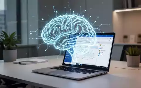 Leuchtendes KI-Gehirn-Symbol über modernem Schreibtisch mit Laptop, symbolisiert Microsoft Copilot-Integration und gesteigerte Produktivität. - Foto: über boerse-global.de