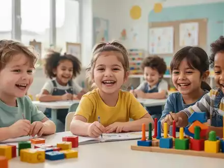 Eine Gruppe fröhlicher Kinder spielt und lernt in einem hellen, modernen Kindergartenraum mit bunten Spielsachen. - Foto: über boerse-global.de