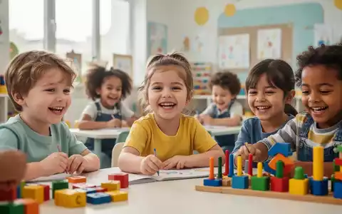 Eine Gruppe fröhlicher Kinder spielt und lernt in einem hellen, modernen Kindergartenraum mit bunten Spielsachen. - Foto: über boerse-global.de