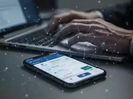 Nahaufnahme eines Smartphones mit Banking-App und digitalem Netzwerk-Overlay. Unscharfe Hände tippen im Hintergrund auf einem Laptop. - Foto: über boerse-global.de