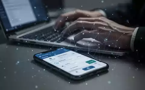 Nahaufnahme eines Smartphones mit Banking-App und digitalem Netzwerk-Overlay. Unscharfe Hände tippen im Hintergrund auf einem Laptop. - Foto: über boerse-global.de