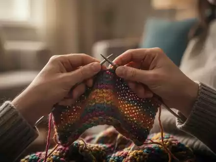Nahaufnahme von Händen, die mit bunter Wolle stricken, in einer ruhigen, gemütlichen Umgebung, die Konzentration und Entspannung vermittelt. - Foto: über boerse-global.de