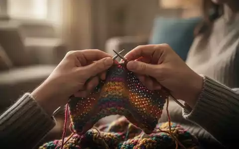 Nahaufnahme von Händen, die mit bunter Wolle stricken, in einer ruhigen, gemütlichen Umgebung, die Konzentration und Entspannung vermittelt. - Foto: über boerse-global.de