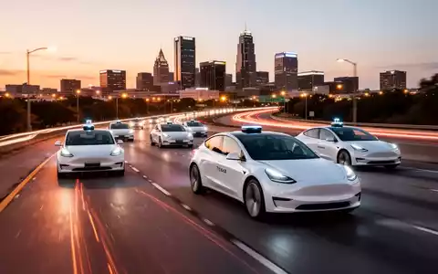 Eine Flotte weißer autonomer Robotaxis, möglicherweise Tesla Model Y, fährt bei Dämmerung auf einer Autobahn in einer texanischen Stadt. - Foto: über boerse-global.de