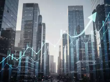 Grafische Darstellung von Finanzdaten oder einem Aktienchart mit aufsteigenden Linien vor einem modernen Finanzviertel. - Foto: über boerse-global.de