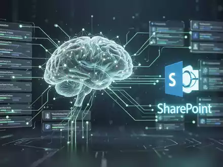 Leuchtendes, abstraktes KI-Gehirn mit digitalen Linien zu stilisierten Datenlisten und einem dezenten SharePoint-Logo, das KI und Datenintegration symbolisiert. - Foto: über boerse-global.de