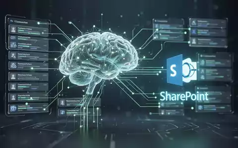 Leuchtendes, abstraktes KI-Gehirn mit digitalen Linien zu stilisierten Datenlisten und einem dezenten SharePoint-Logo, das KI und Datenintegration symbolisiert. - Foto: über boerse-global.de
