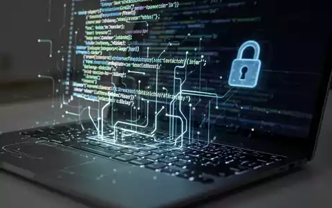 Nahaufnahme einer Laptop-Tastatur mit leuchtenden Codezeilen auf dem Bildschirm und subtiler Spiegelung eines Schloss-Symbols. - Foto: über boerse-global.de