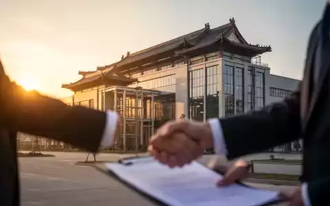 Eine moderne Fabrikanlage mit chinesischem Einfluss, beleuchtet von der untergehenden Sonne. Im Vordergrund eine angedeutete Transaktion. - Foto: über boerse-global.de