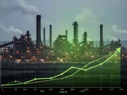 Industrielandschaft mit Stahlwerken und Schornsteinen, die eine grüne Transformation andeuten, dazu eine Grafik mit CO2-Preisen. - Foto: über boerse-global.de