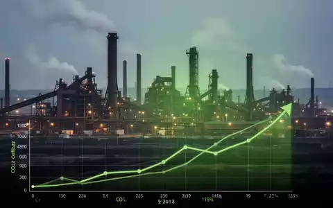Industrielandschaft mit Stahlwerken und Schornsteinen, die eine grüne Transformation andeuten, dazu eine Grafik mit CO2-Preisen. - Foto: über boerse-global.de