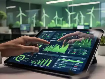 Eine Hand tippt auf einem Tablet, das CO2-Emissionsdaten anzeigt, im Hintergrund ein modernes Büro. Fokus auf CBAM-Compliance. - Foto: über boerse-global.de