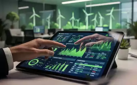 Eine Hand tippt auf einem Tablet, das CO2-Emissionsdaten anzeigt, im Hintergrund ein modernes Büro. Fokus auf CBAM-Compliance. - Foto: über boerse-global.de