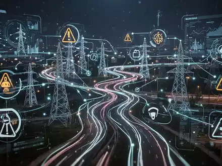 Eine digitale Benutzeroberfläche mit leuchtenden Linien, die Symbole für Energieinfrastruktur und Sicherheit verbinden. - Foto: über boerse-global.de