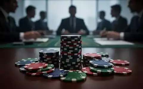 Ein Stapel von Spielchips, einige verstreut, mit einem unscharfen Hintergrund eines Verhandlungstisches, der einen Tarifkonflikt in der Glücksspielbranche darstellt. - Foto: über boerse-global.de