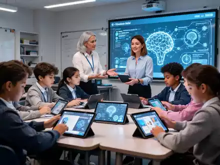 Schüler und Lehrer in einem modernen Klassenzimmer, die gemeinsam digitale Tablets und interaktive Bildschirme nutzen. - Foto: über boerse-global.de