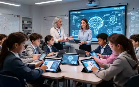 Schüler und Lehrer in einem modernen Klassenzimmer, die gemeinsam digitale Tablets und interaktive Bildschirme nutzen. - Foto: über boerse-global.de