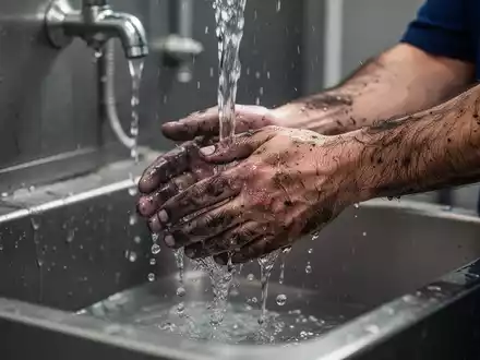 Nahaufnahme von schmutzigen Arbeiterhänden, die unter fließendem Wasser gewaschen werden, symbolisiert die Definition von Arbeitszeit für die Körperreinigung. - Foto: über boerse-global.de