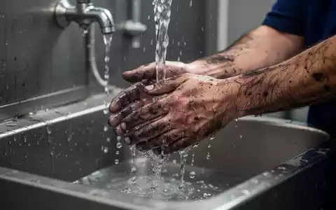 Nahaufnahme von schmutzigen Arbeiterhänden, die unter fließendem Wasser gewaschen werden, symbolisiert die Definition von Arbeitszeit für die Körperreinigung. - Foto: über boerse-global.de