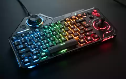 Nahaufnahme einer eleganten Minitastatur mit beleuchteten Tasten in Blau, Grün, Orange und Rot, einem Drehregler und einem Joystick. - Foto: über boerse-global.de