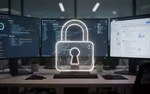 Leuchtendes digitales Vorhängeschloss-Symbol über unscharfem Büroarbeitsplatz, symbolisiert Softwarelizenzierung und Sicherheitsherausforderungen. - Foto: über boerse-global.de