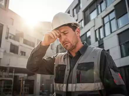 Ein erschöpfter Bauarbeiter oder Gebäudemanager wischt sich unter der gleißenden Sonne den Schweiß von der Stirn vor einem modernen Gebäude. - Foto: über boerse-global.de