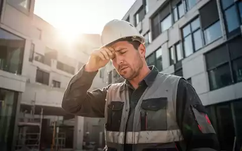 Ein erschöpfter Bauarbeiter oder Gebäudemanager wischt sich unter der gleißenden Sonne den Schweiß von der Stirn vor einem modernen Gebäude. - Foto: über boerse-global.de