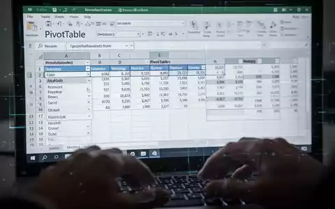 Nahaufnahme einer Microsoft Excel PivotTable auf einem Bildschirm, Hände über einer Tastatur, Datenverwaltung veranschaulichend. - Foto: über boerse-global.de
