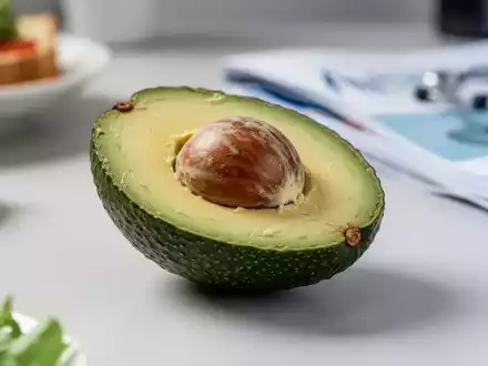 Eine halbierte Avocado mit Kern auf einer eleganten OberflĂ€che, umgeben von verschwommenen Elementen, die eine gesunde Mahlzeit andeuten. - Foto: ĂŒber boerse-global.de