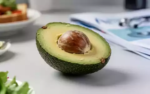 Eine halbierte Avocado mit Kern auf einer eleganten Oberfläche, umgeben von verschwommenen Elementen, die eine gesunde Mahlzeit andeuten. - Foto: über boerse-global.de