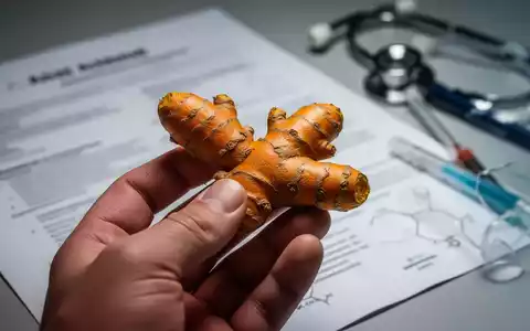 Eine Nahaufnahme einer Hand, die eine Kurkumawurzel hält, mit verschwommenen wissenschaftlichen Dokumenten im Hintergrund. - Foto: über boerse-global.de