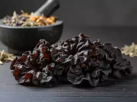 Nahaufnahme von getrockneten und rehydrierten schwarzen Judasohren (Auricularia) auf einer Holzoberfläche mit Kräutern im Hintergrund. - Foto: über boerse-global.de
