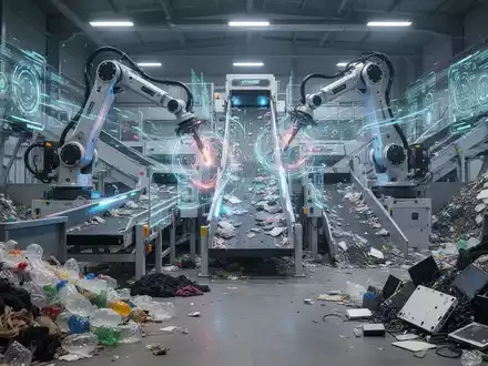 Eine moderne industrielle Recyclinganlage mit Robotern, die verschiedene Materialien wie Kunststoffe, Textilien und Elektronik sortieren. - Foto: über boerse-global.de