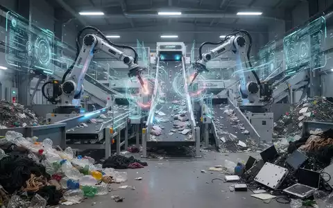 Eine moderne industrielle Recyclinganlage mit Robotern, die verschiedene Materialien wie Kunststoffe, Textilien und Elektronik sortieren. - Foto: über boerse-global.de