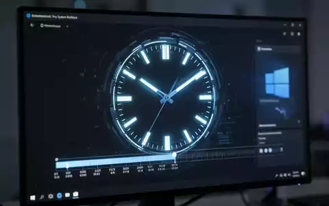 Leuchtendes digitales Zifferblatt auf einem Computerbildschirm mit Zeitleiste, das Datenwiederherstellung und System-Rollback in Windows 11 darstellt. - Foto: über boerse-global.de