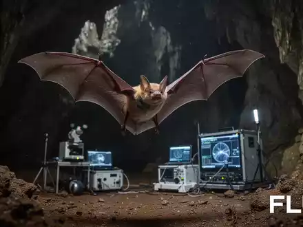 Fledermaus im Flug in einer Höhle, im Hintergrund schemenhaft Laborgeräte und wissenschaftliche Ausrüstung zu erkennen. - Foto: über boerse-global.de