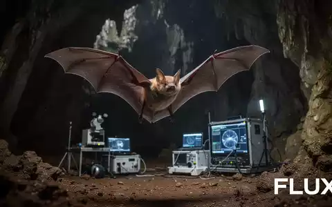 Fledermaus im Flug in einer Höhle, im Hintergrund schemenhaft Laborgeräte und wissenschaftliche Ausrüstung zu erkennen. - Foto: über boerse-global.de