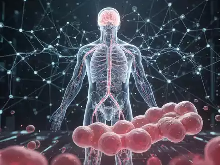Ein abstraktes Bild, das ein leuchtendes neuronales Netz ĂĽber einer Darstellung des menschlichen Nervensystems zeigt, mit stilisierten Fettzellen im Vordergrund. - Foto: ĂĽber boerse-global.de
