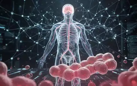 Ein abstraktes Bild, das ein leuchtendes neuronales Netz über einer Darstellung des menschlichen Nervensystems zeigt, mit stilisierten Fettzellen im Vordergrund. - Foto: über boerse-global.de