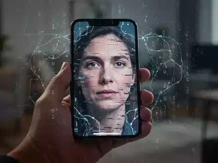 Eine Nahaufnahme einer Hand, die ein Smartphone hält, das ein verzerrtes, glitchiges Gesicht zeigt, mit digitalen Mustern überlagert. - Foto: über boerse-global.de