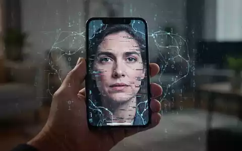 Eine Nahaufnahme einer Hand, die ein Smartphone hält, das ein verzerrtes, glitchiges Gesicht zeigt, mit digitalen Mustern überlagert. - Foto: über boerse-global.de